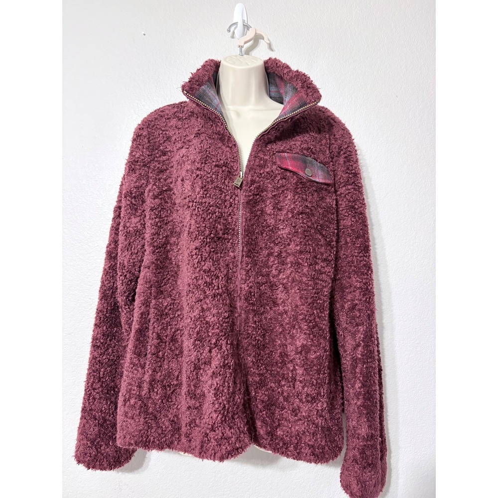Pendleton Womens Cozy Burgundy Sherpa Fleece Full Zip Jacket Plaid Trim Pockets
